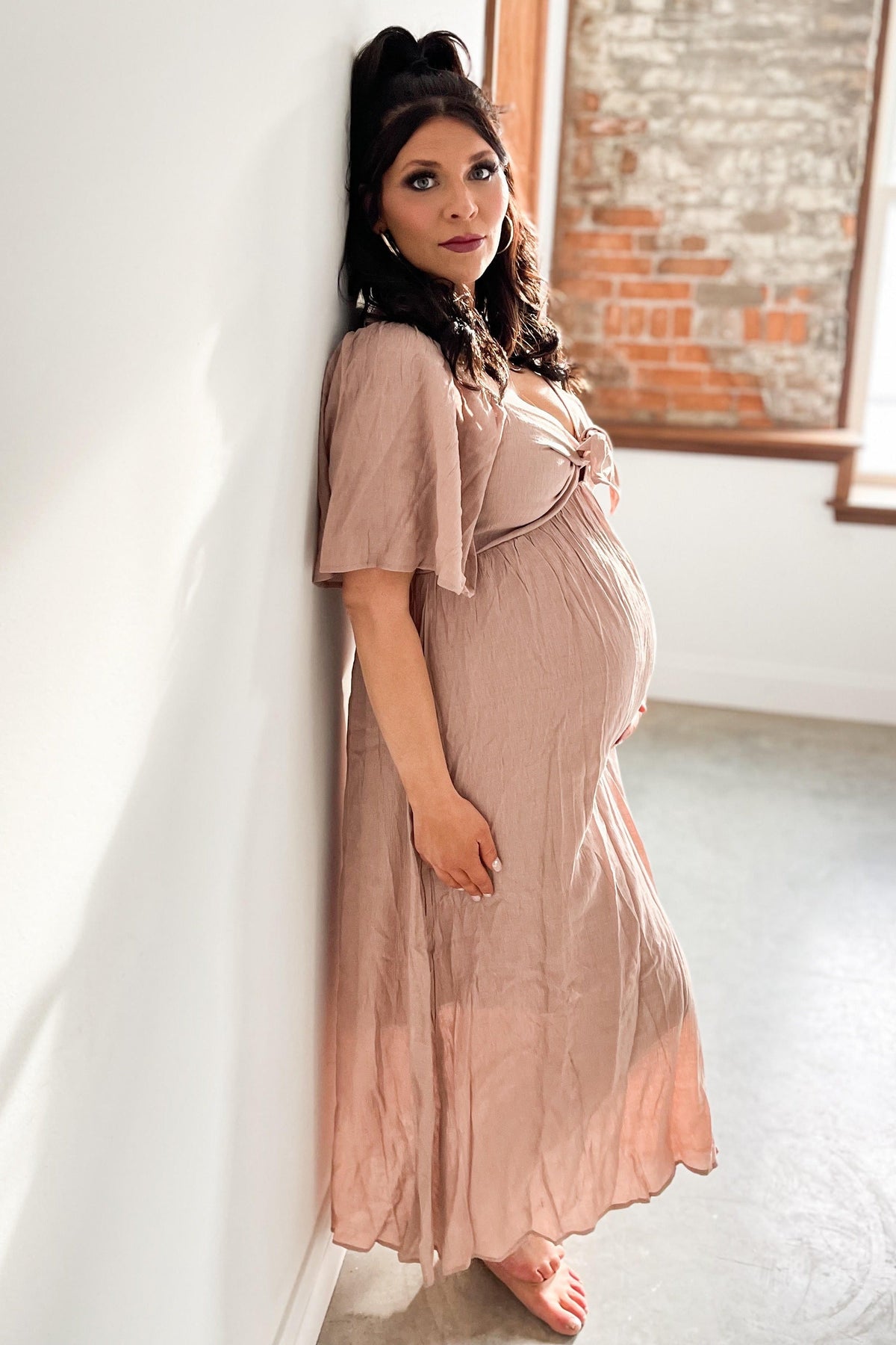 Front Tie Ruffle Sleeve Maternity Midi Dress by PinkBlush (view 9 of 14)