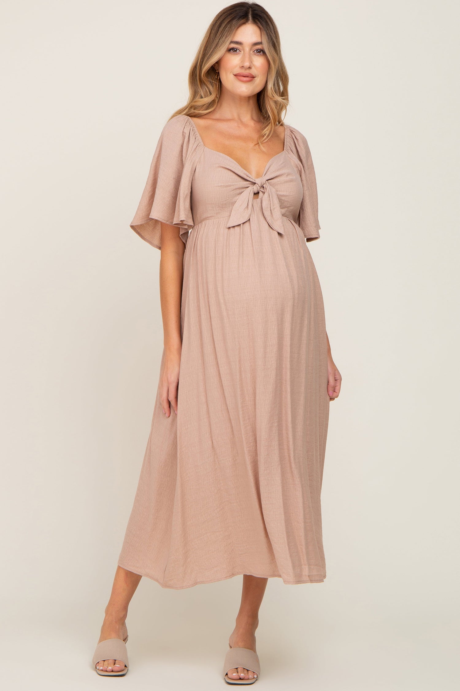 Mocha Front Tie Ruffle Sleeve Maternity Midi Dress by PinkBlush at Everetts Place