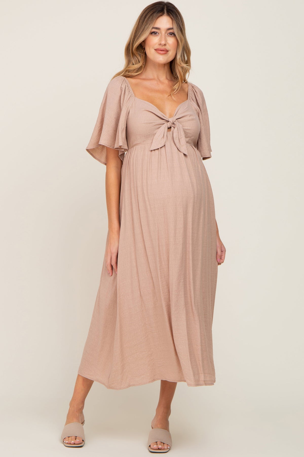 Front Tie Ruffle Sleeve Maternity Midi Dress by PinkBlush (view 1 of 14)