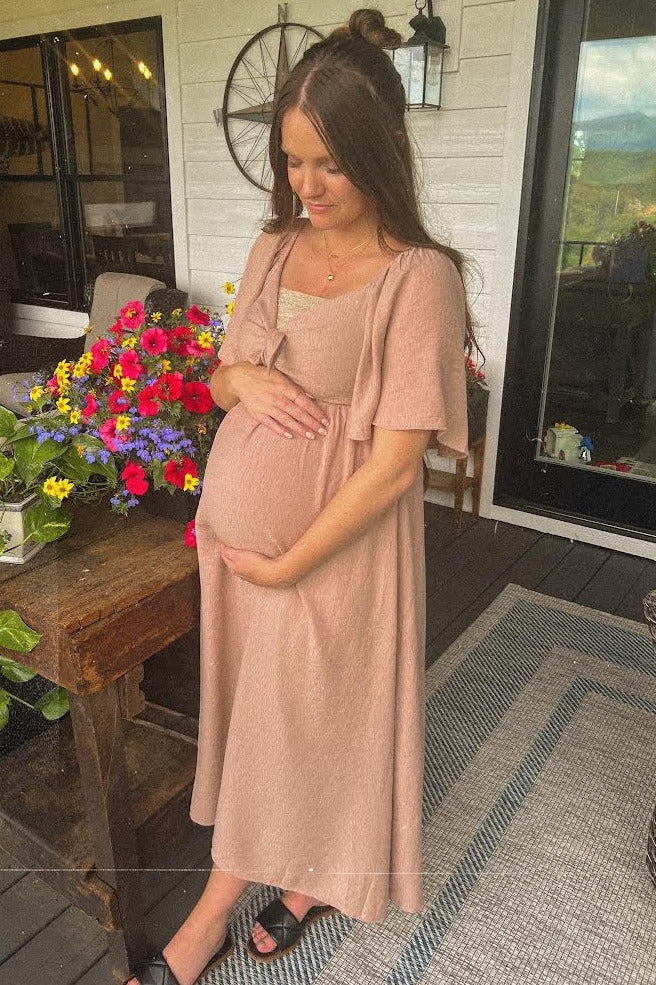 Front Tie Ruffle Sleeve Maternity Midi Dress by PinkBlush (view 11 of 14)