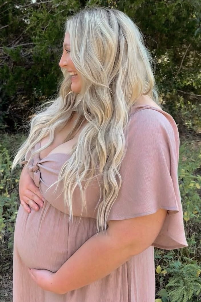 Front Tie Ruffle Sleeve Maternity Midi Dress by PinkBlush (view 12 of 14)