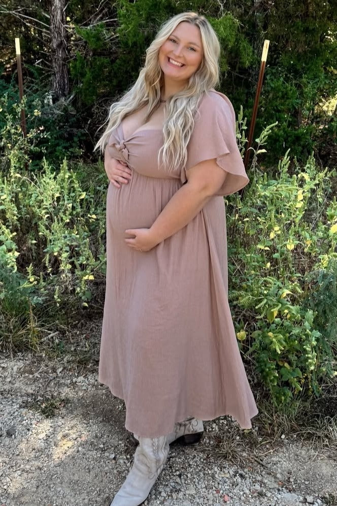 Front Tie Ruffle Sleeve Maternity Midi Dress by PinkBlush (view 13 of 14)