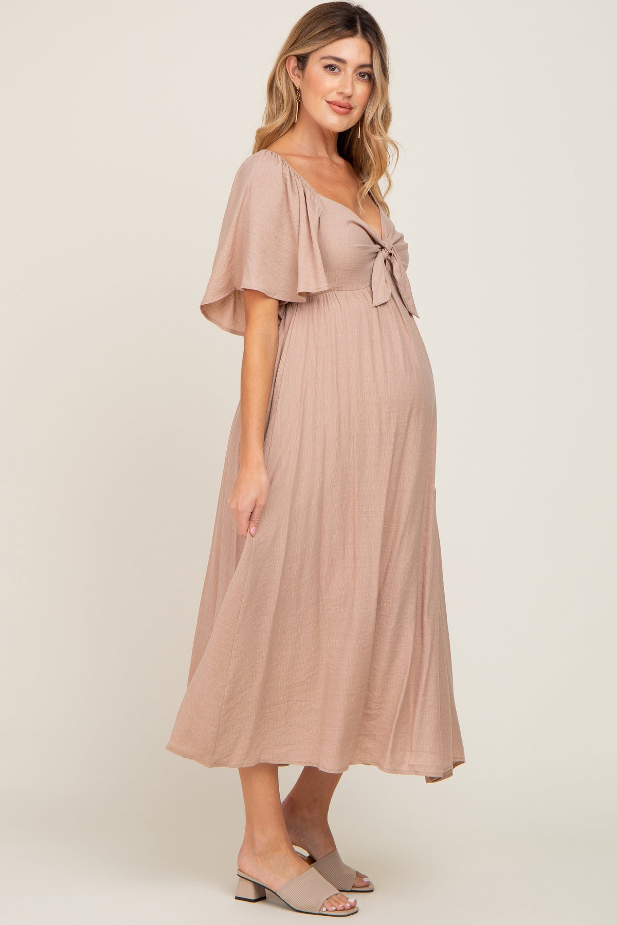 Front Tie Ruffle Sleeve Maternity Midi Dress by PinkBlush (view 2 of 14)