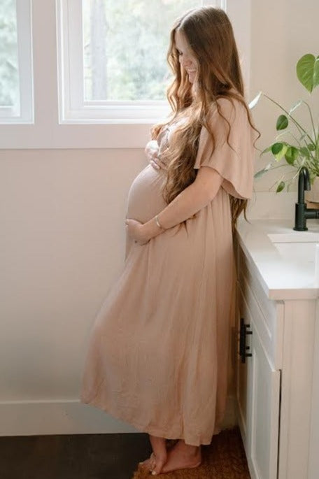Mocha Front Tie Ruffle Sleeve Maternity Midi Dress by PinkBlush at Everetts Place