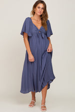 Navy Front Tie Ruffle Sleeve Maternity Midi Dress by PinkBlush at Everetts Place