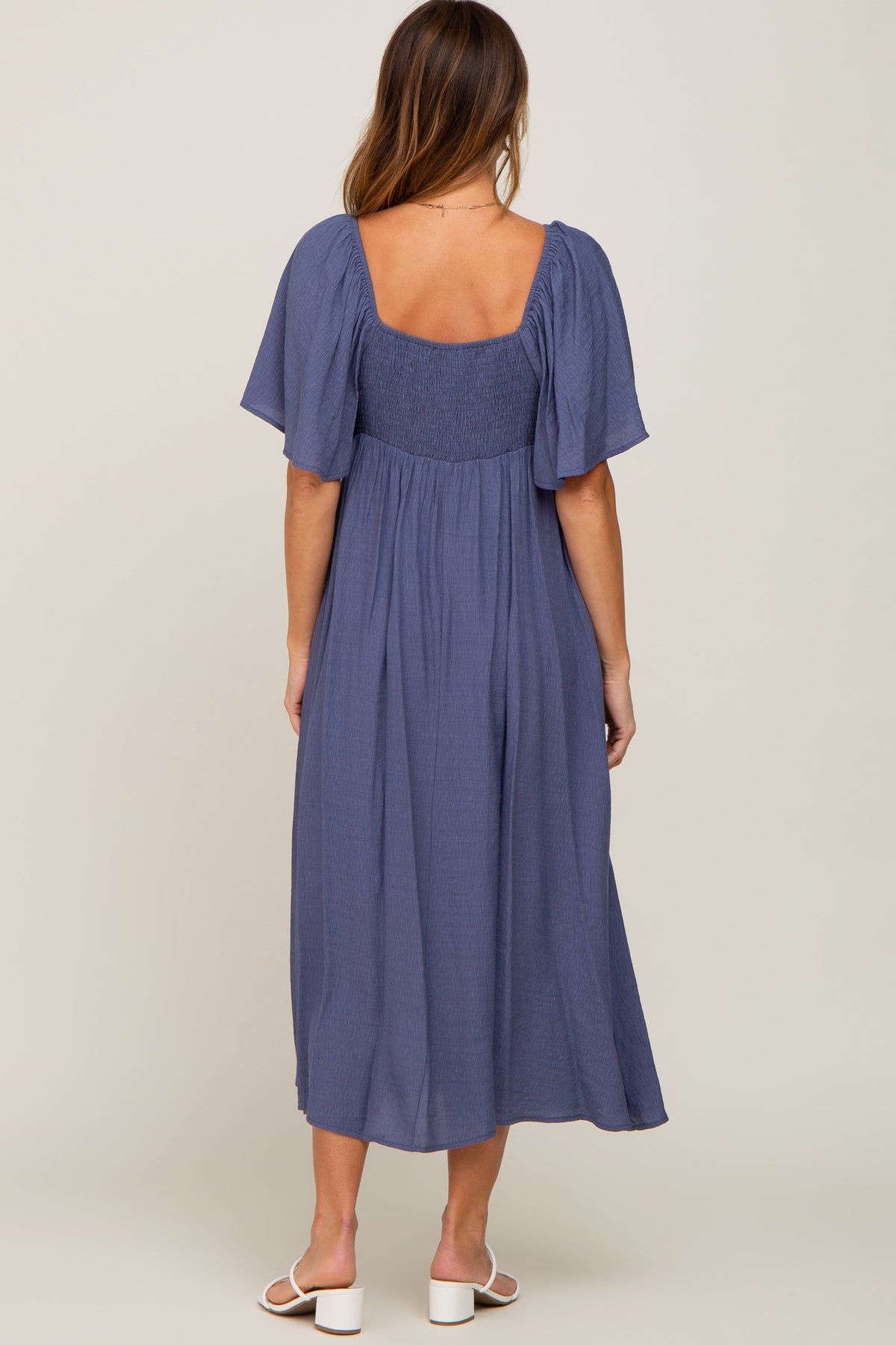 Navy Front Tie Ruffle Sleeve Midi Dress by PinkBlush