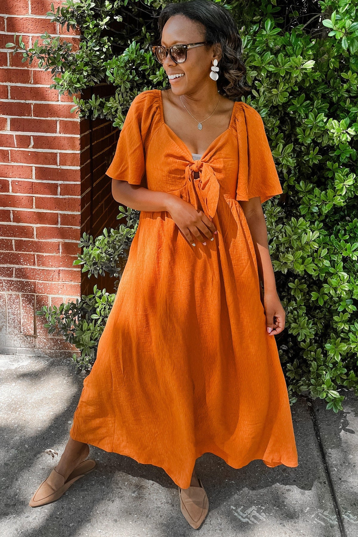 Rust Front Tie Ruffle Sleeve Midi Dress by PinkBlush