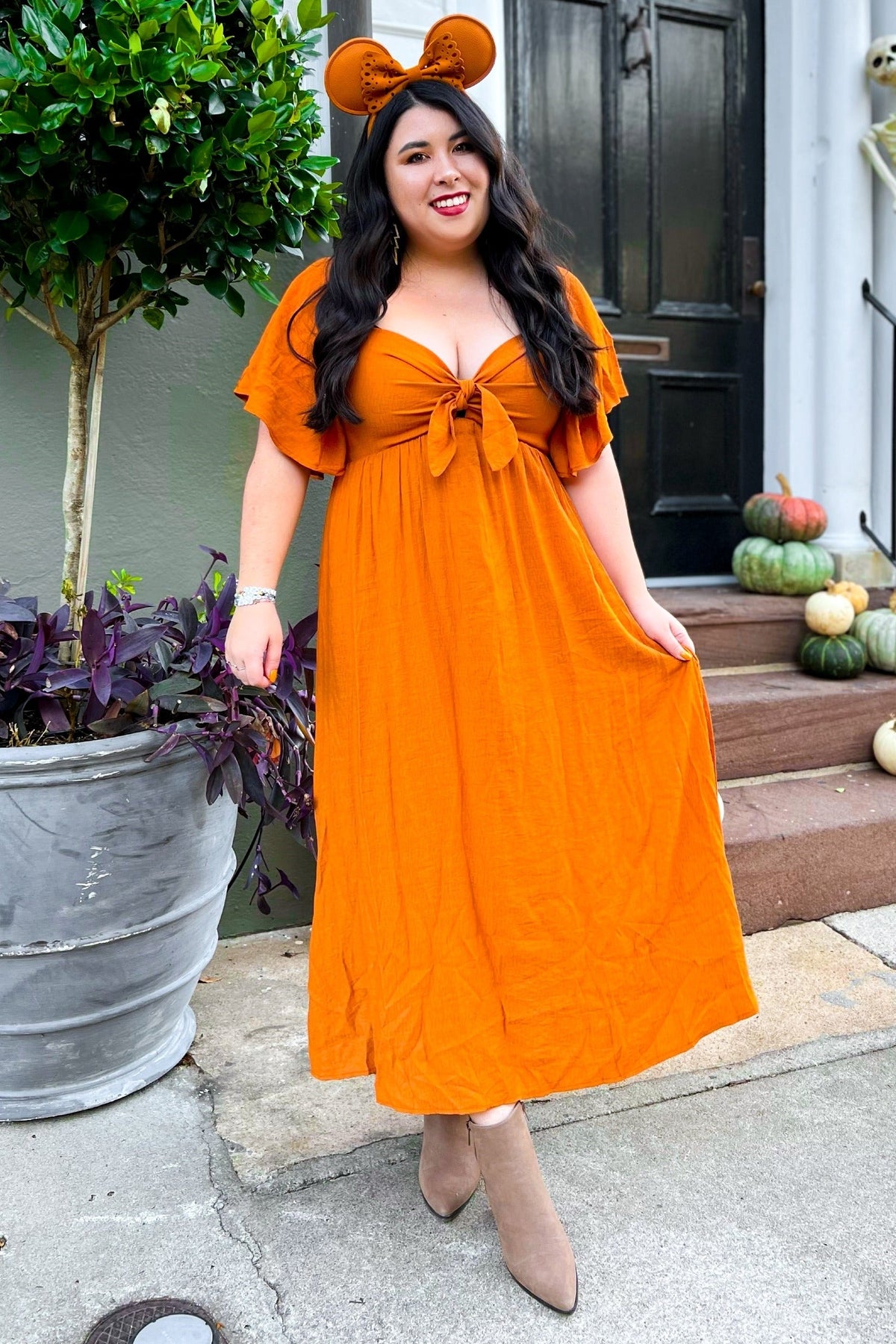 Rust Front Tie Ruffle Sleeve Midi Dress by PinkBlush