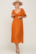 Rust Front Tie Ruffle Sleeve Midi Dress by PinkBlush
