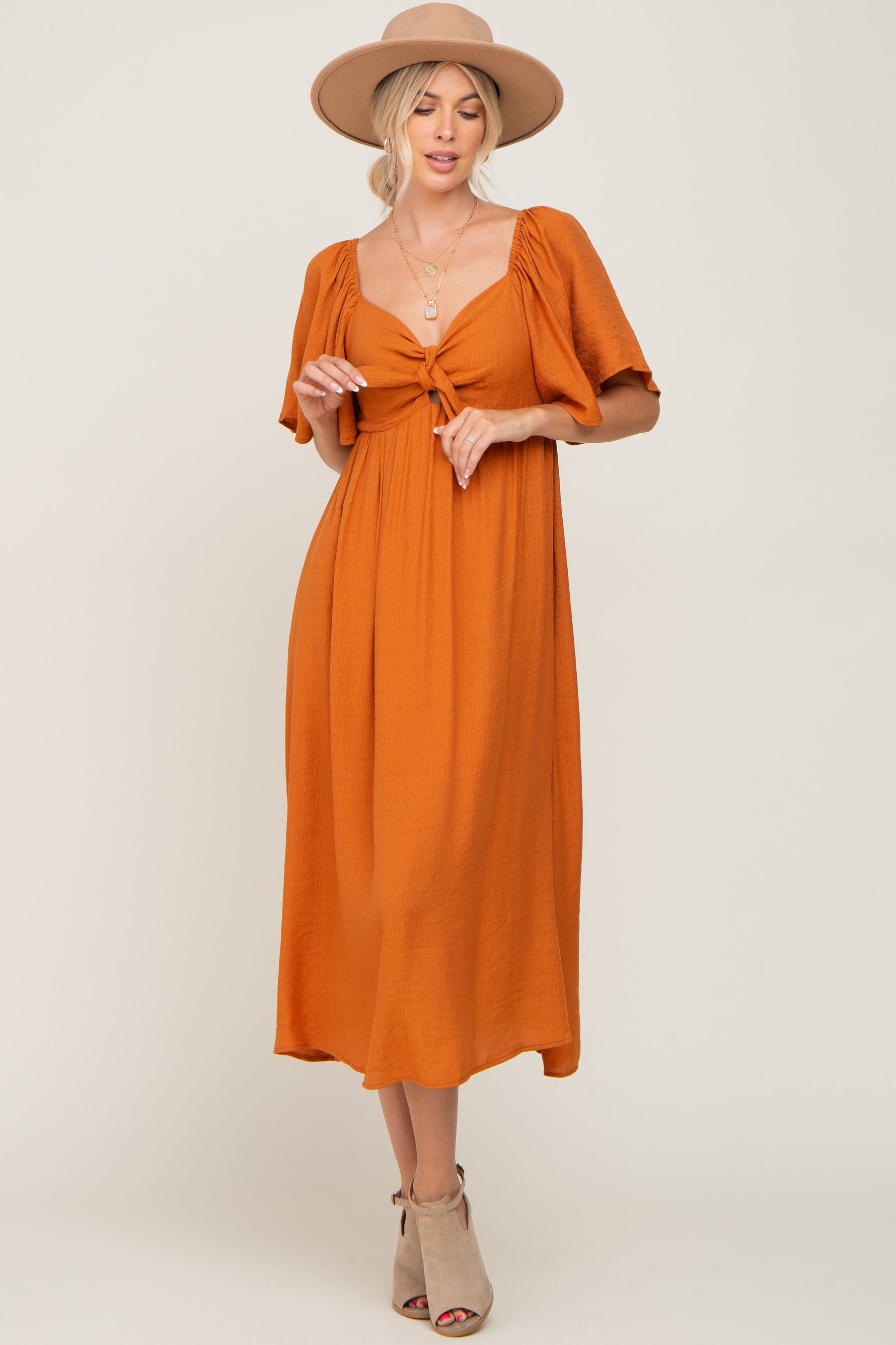 Rust Front Tie Ruffle Sleeve Midi Dress by PinkBlush