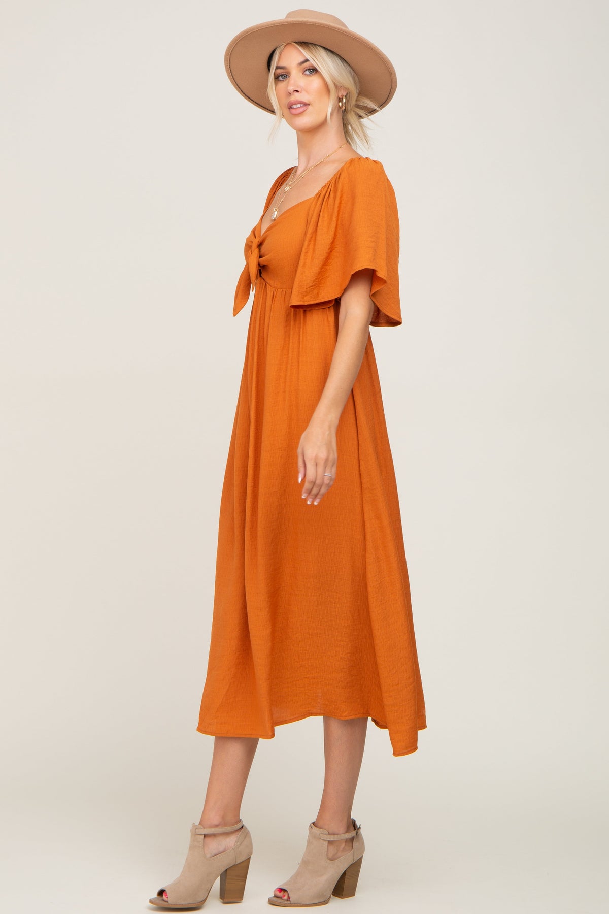 Rust Front Tie Ruffle Sleeve Midi Dress by PinkBlush