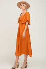 Rust Front Tie Ruffle Sleeve Midi Dress by PinkBlush