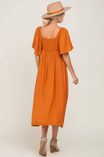 Rust Front Tie Ruffle Sleeve Midi Dress by PinkBlush