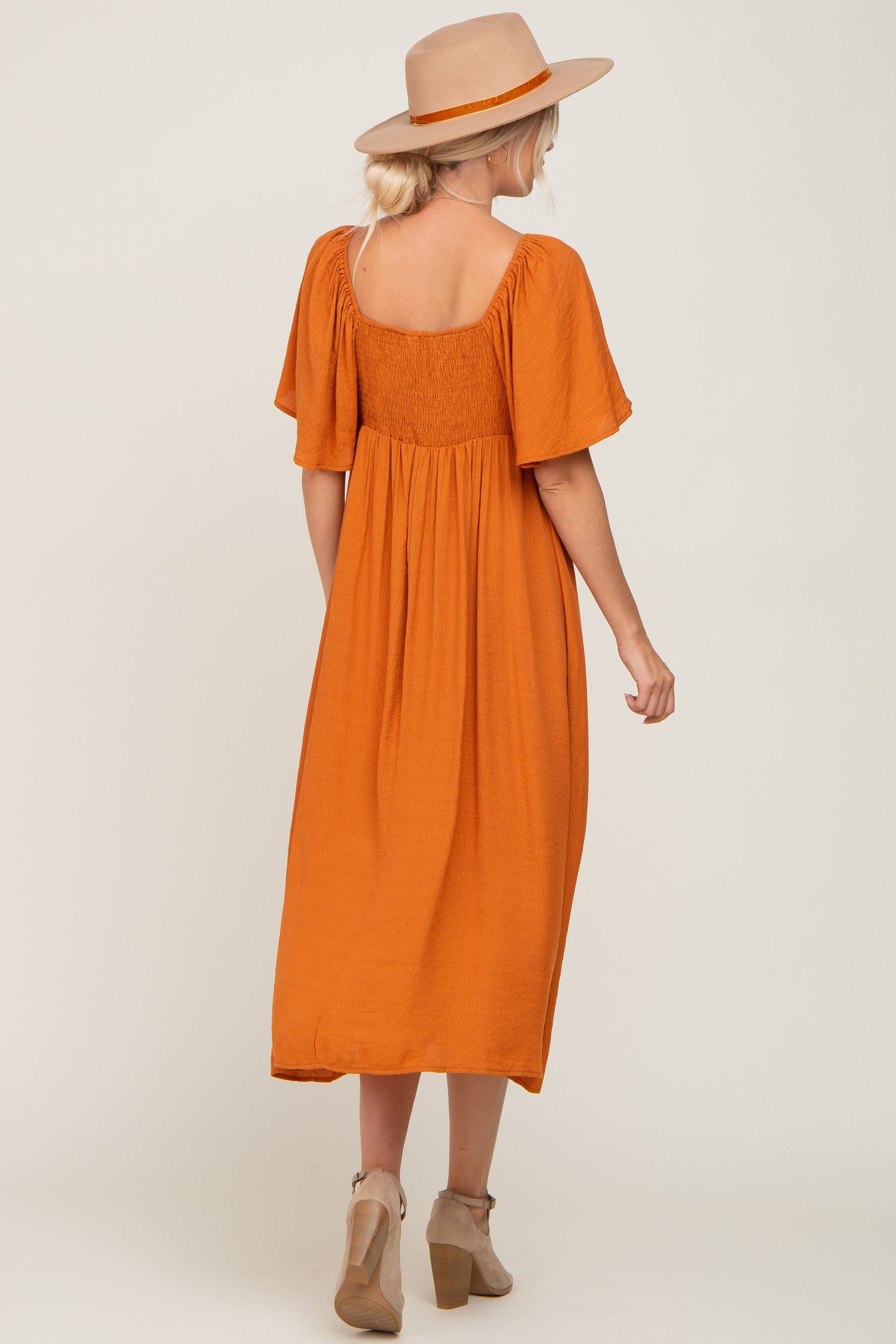 Rust Front Tie Ruffle Sleeve Midi Dress by PinkBlush
