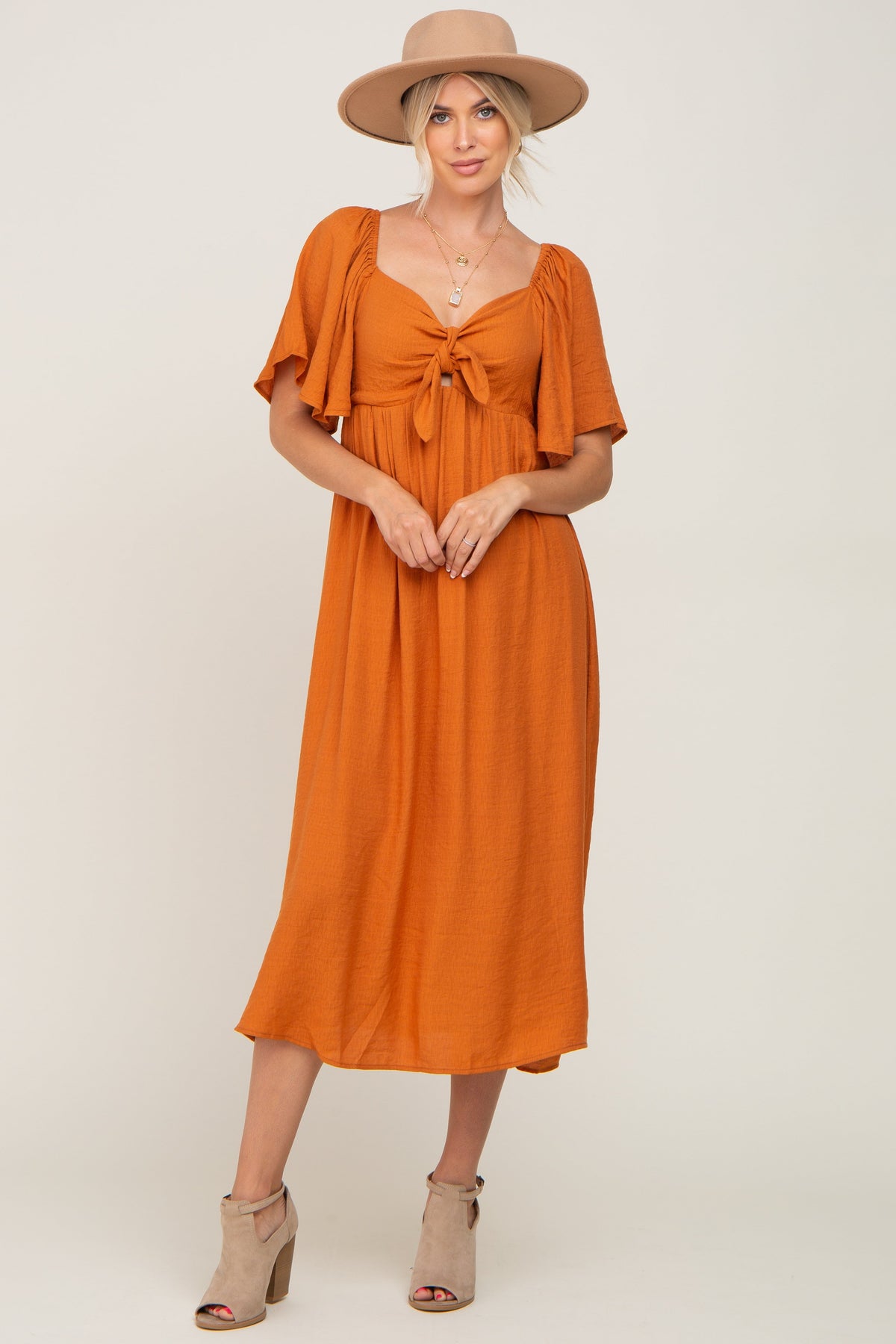 Rust Front Tie Ruffle Sleeve Midi Dress by PinkBlush