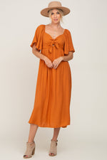 Rust Front Tie Ruffle Sleeve Midi Dress by PinkBlush
