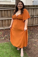 Rust Front Tie Ruffle Sleeve Midi Dress by PinkBlush