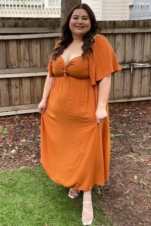 Rust Front Tie Ruffle Sleeve Midi Dress by PinkBlush