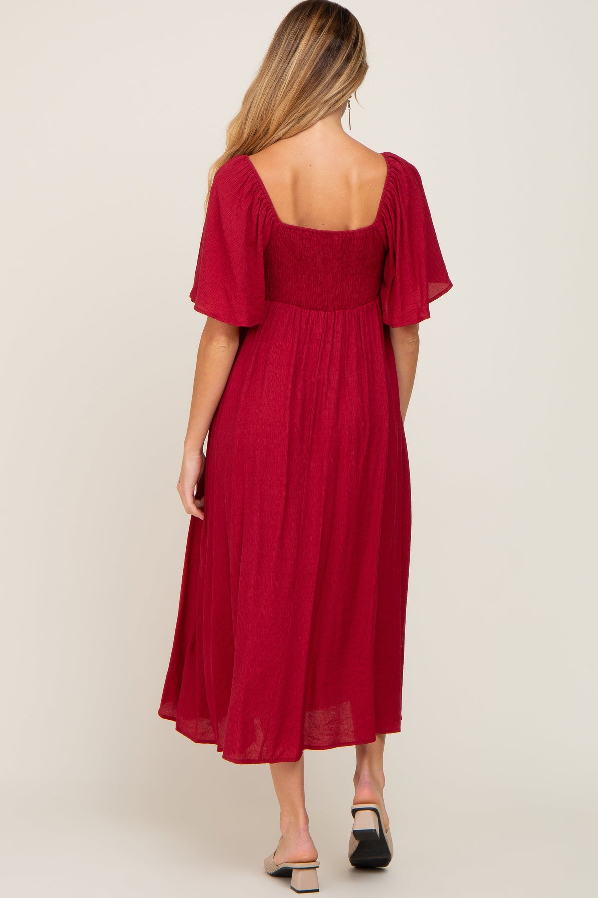 Burgundy Front Tie Ruffle Sleeve Maternity Midi Dress by PinkBlush at Everetts Place