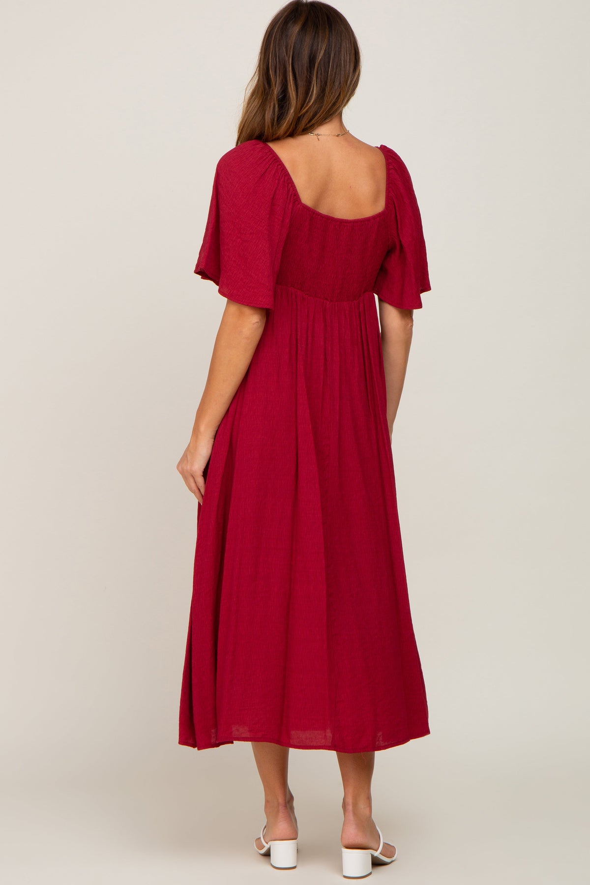 Burgundy Front Tie Ruffle Sleeve Midi Dress by PinkBlush at Everetts Place