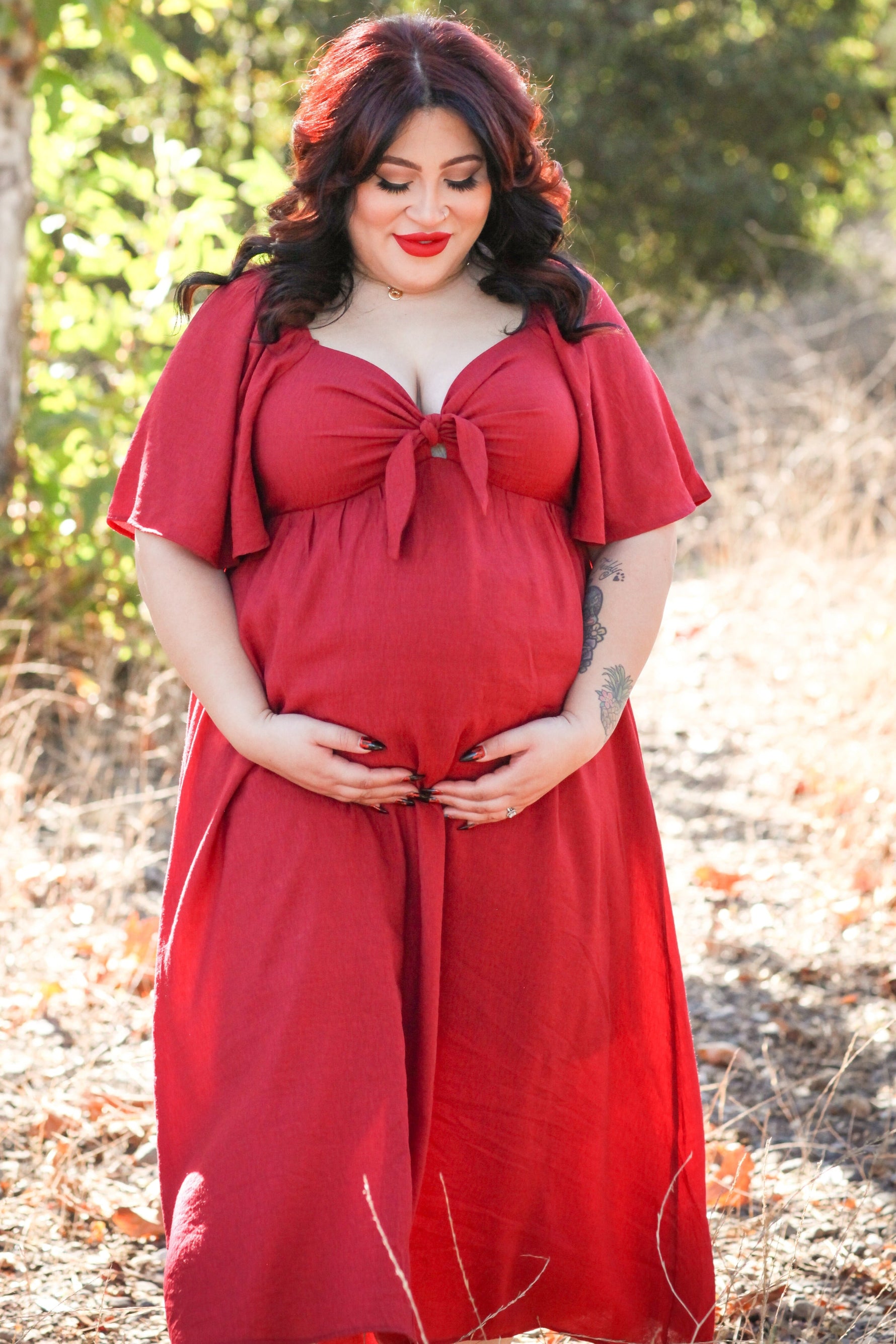 Burgundy Front Tie Ruffle Sleeve Maternity Midi Dress by PinkBlush at Everetts Place