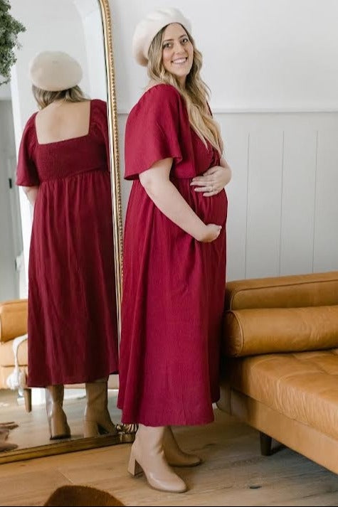 Burgundy Front Tie Ruffle Sleeve Maternity Midi Dress by PinkBlush at Everetts Place