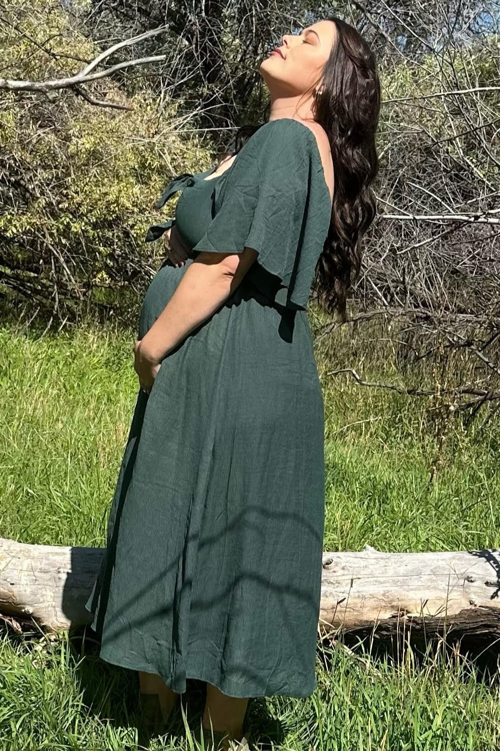 Hunter Green Front Tie Ruffle Sleeve Maternity Midi Dress by PinkBlush