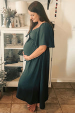 Hunter Green Front Tie Ruffle Sleeve Maternity Midi Dress by PinkBlush