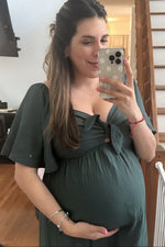 Hunter Green Front Tie Ruffle Sleeve Maternity Midi Dress by PinkBlush