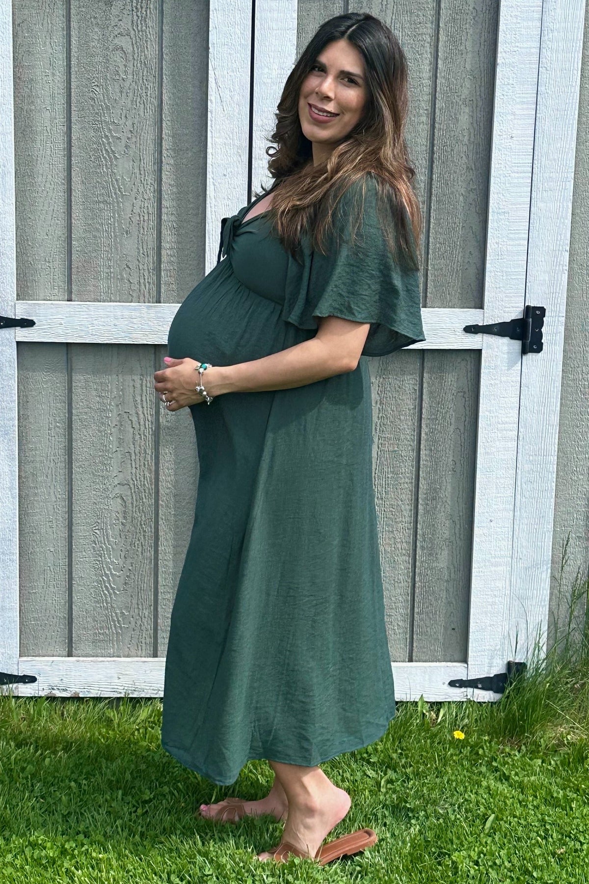Hunter Green Front Tie Ruffle Sleeve Maternity Midi Dress by PinkBlush
