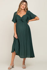 Hunter Green Front Tie Ruffle Sleeve Maternity Midi Dress by PinkBlush