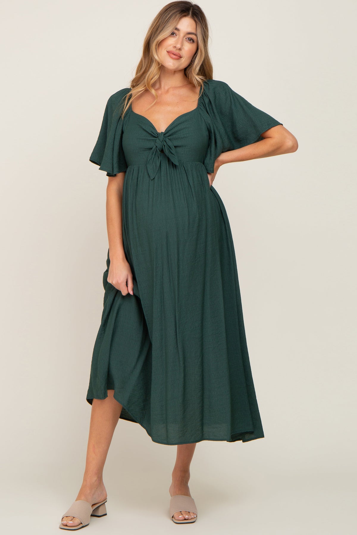 Hunter Green Front Tie Ruffle Sleeve Maternity Midi Dress by PinkBlush