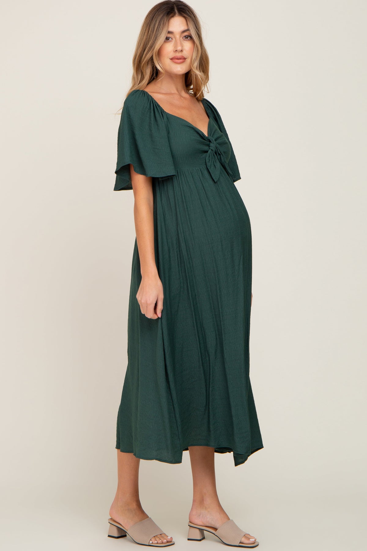 Hunter Green Front Tie Ruffle Sleeve Maternity Midi Dress by PinkBlush