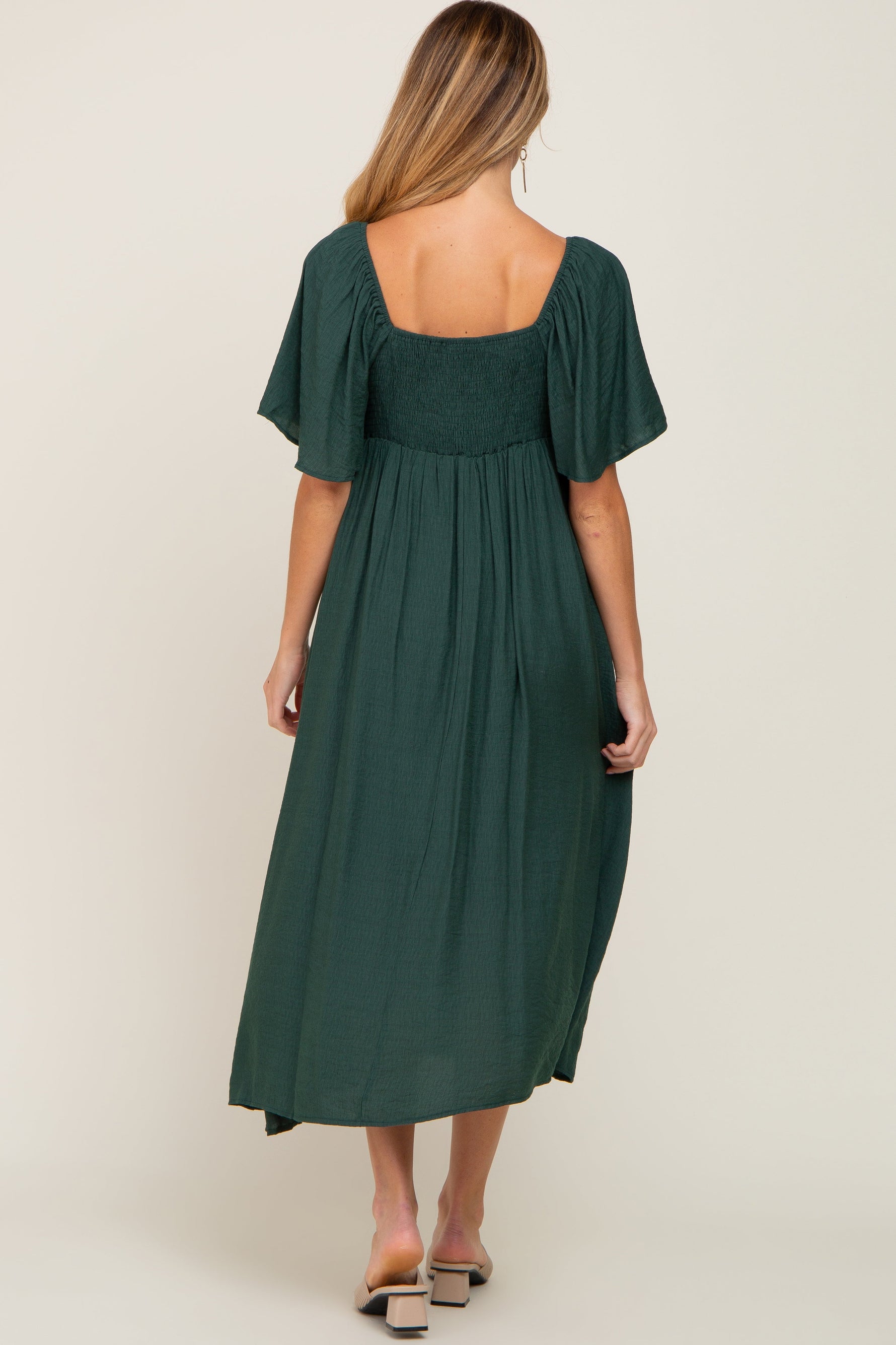PinkBlush Hunter Green Front Tie Ruffle Sleeve Maternity Midi Dress