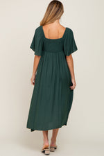 Hunter Green Front Tie Ruffle Sleeve Maternity Midi Dress by PinkBlush