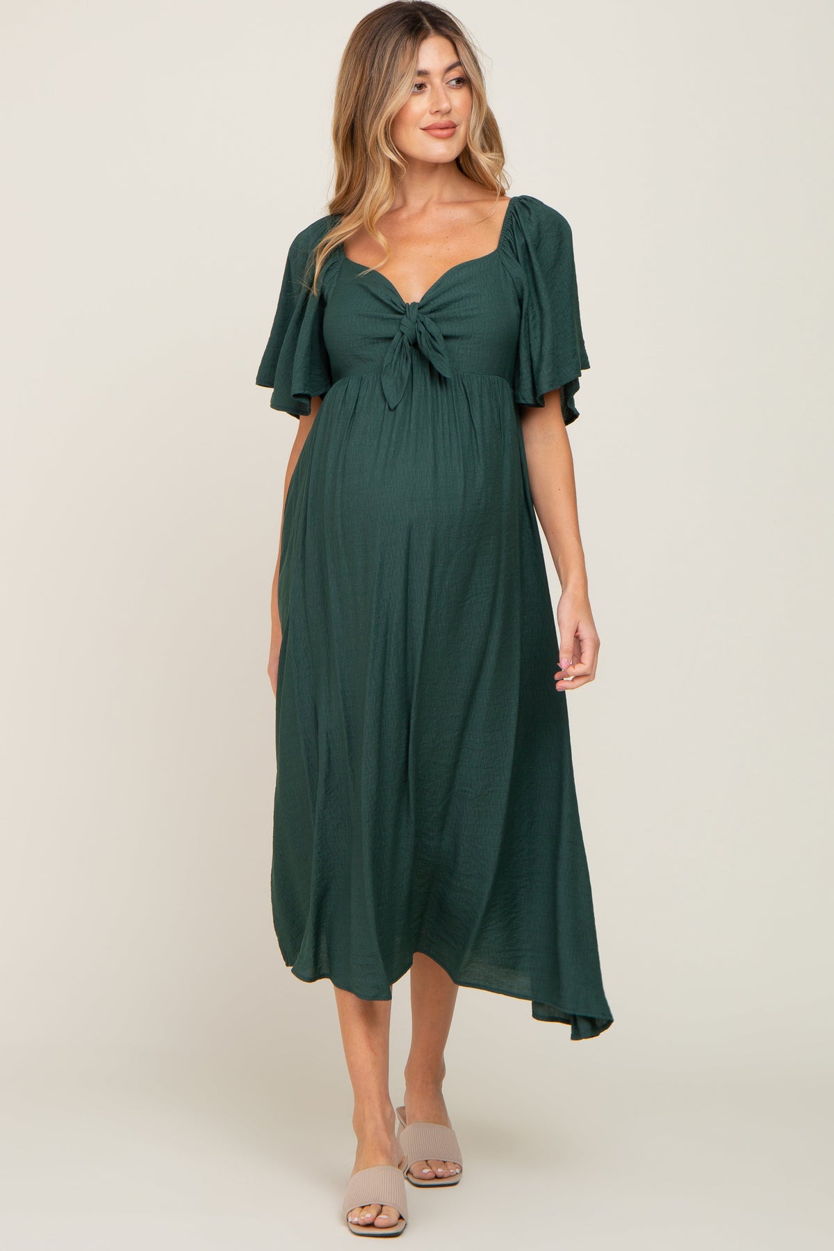 Hunter Green Front Tie Ruffle Sleeve Maternity Midi Dress by PinkBlush