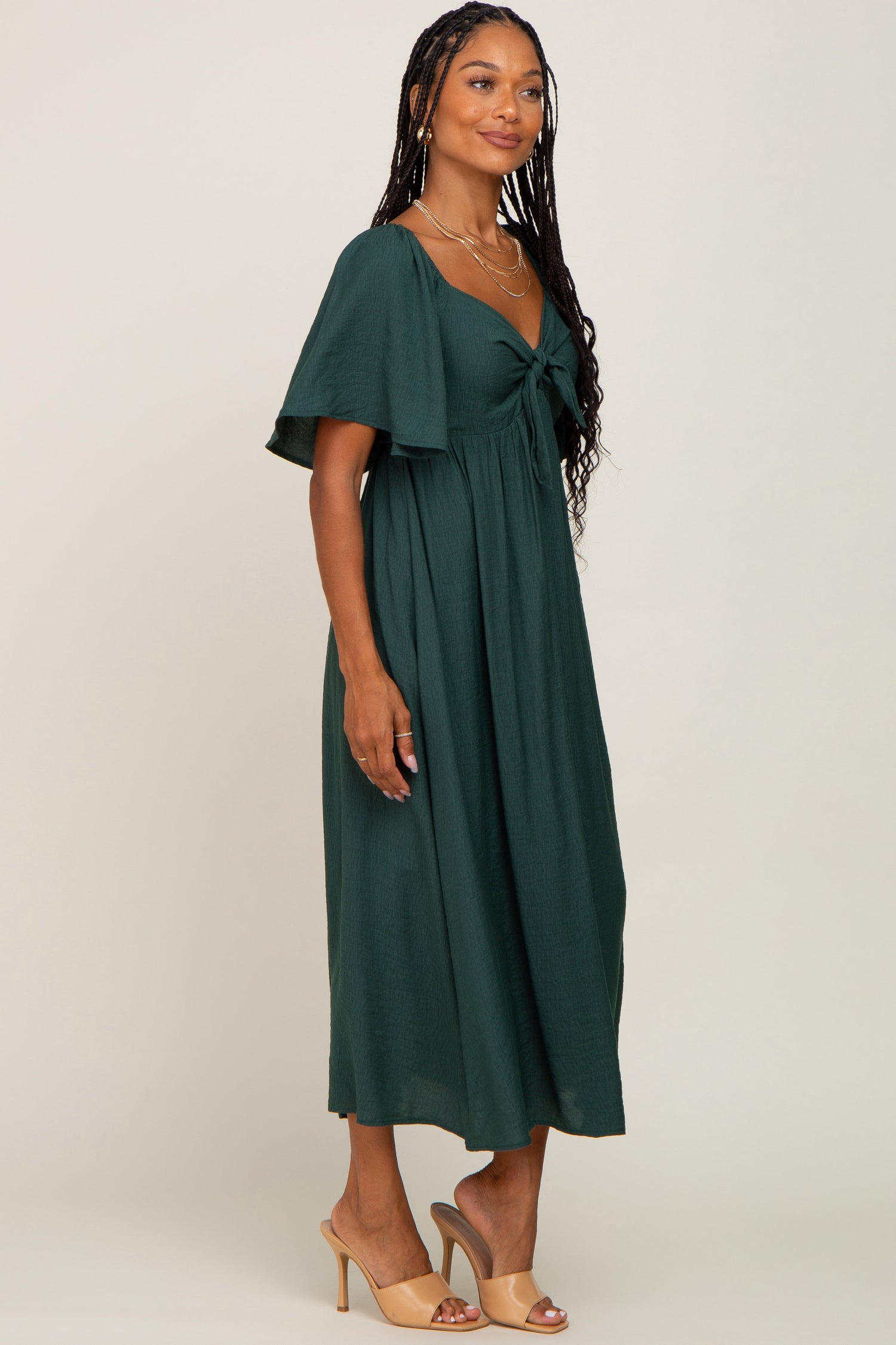 Front Tie Ruffle Sleeve Midi Dress