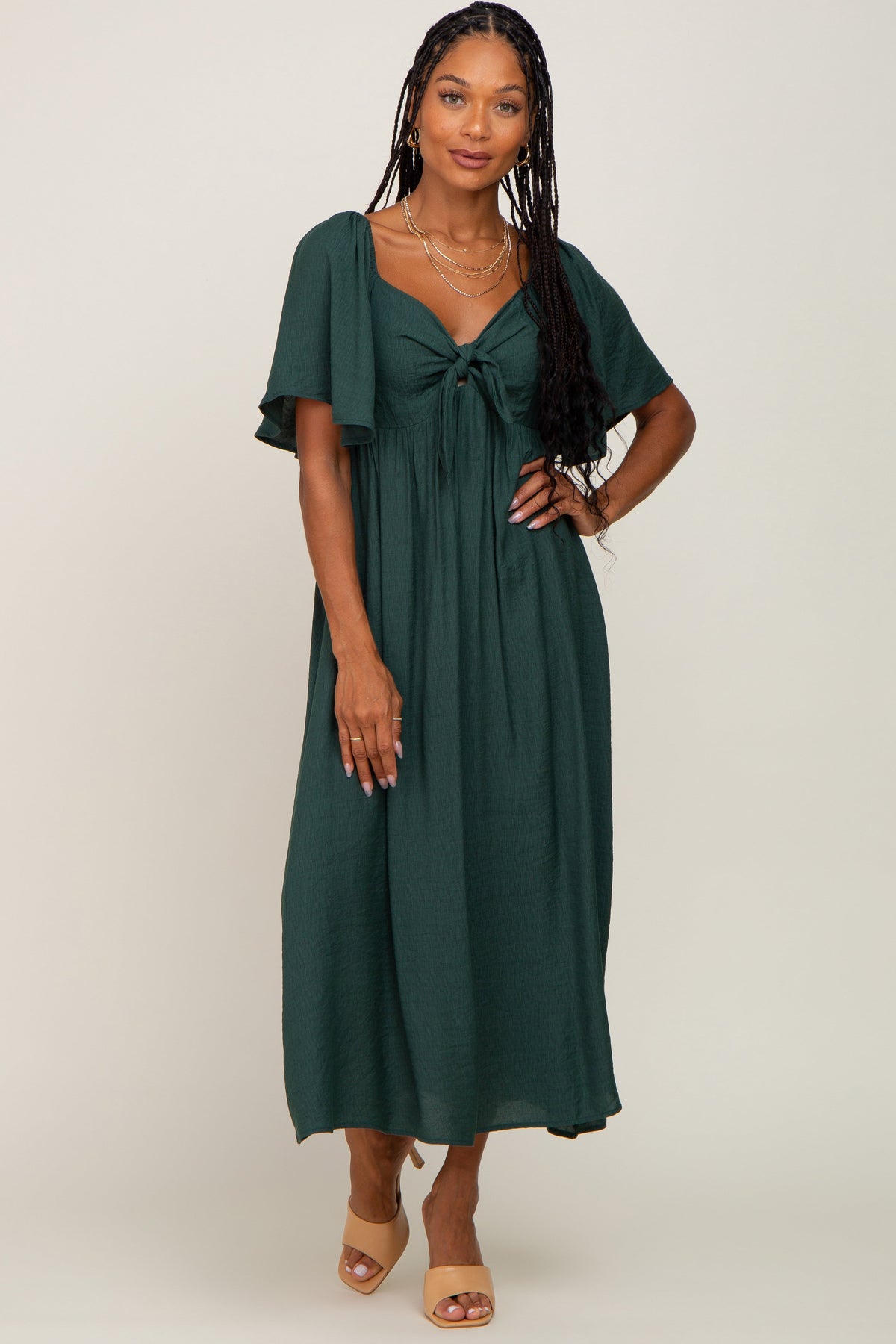 Front Tie Ruffle Sleeve Midi Dress by PinkBlush