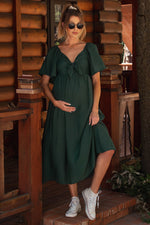 Hunter Green Front Tie Ruffle Sleeve Maternity Midi Dress by PinkBlush