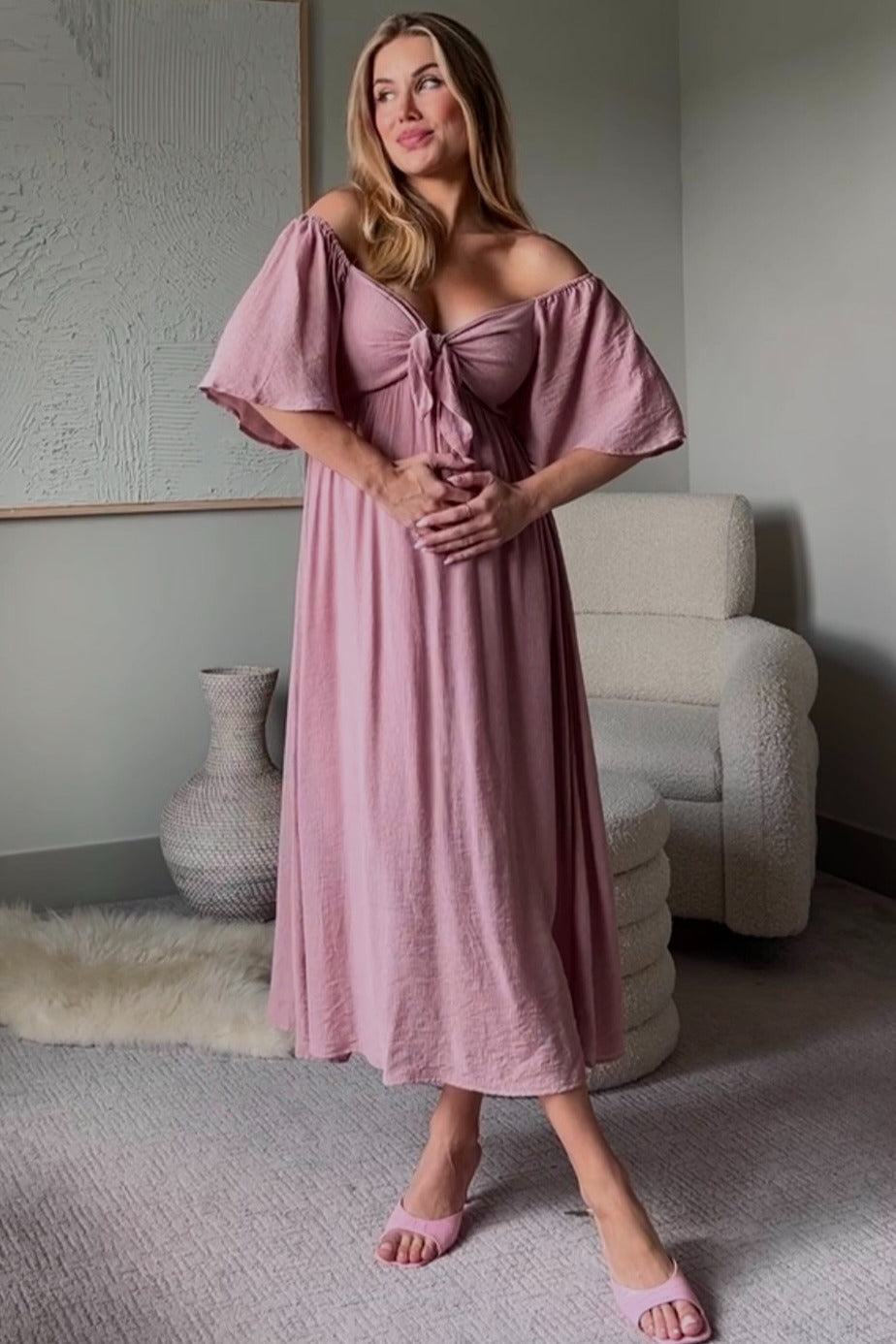 Mauve Front Tie Ruffle Sleeve Maternity Midi Dress by PinkBlush (view 6 of 11)