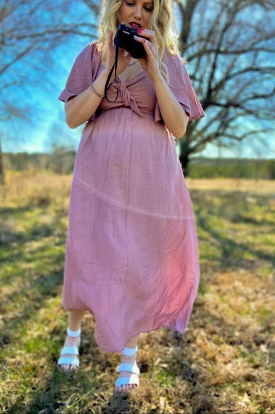 Mauve Front Tie Ruffle Sleeve Maternity Midi Dress by PinkBlush (view 7 of 11)