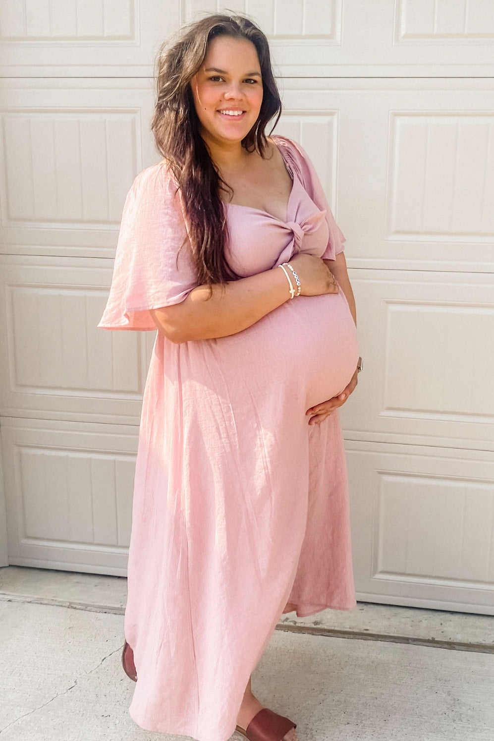 Mauve Front Tie Ruffle Sleeve Maternity Midi Dress by PinkBlush (view 8 of 11)