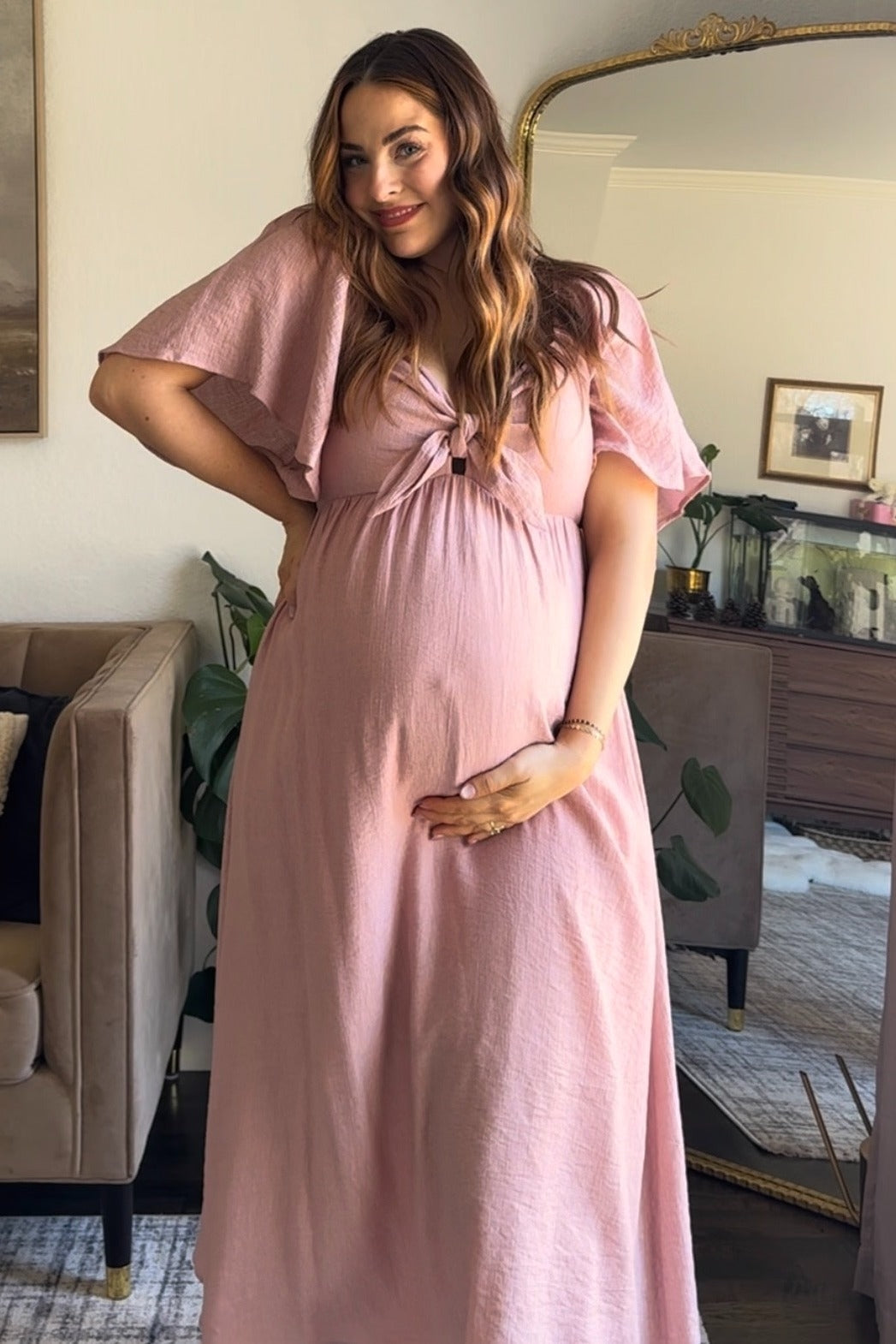 Mauve Front Tie Ruffle Sleeve Maternity Midi Dress by PinkBlush (view 9 of 11)