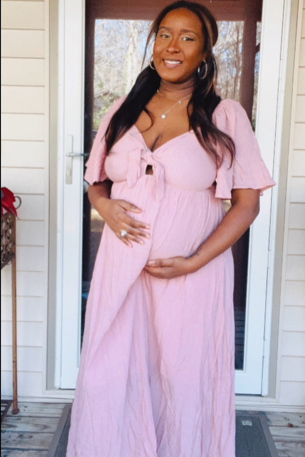 Mauve Front Tie Ruffle Sleeve Maternity Midi Dress by PinkBlush