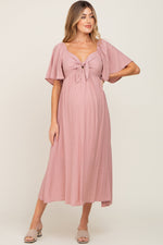 Mauve Front Tie Ruffle Sleeve Maternity Midi Dress by PinkBlush (view 1 of 11)