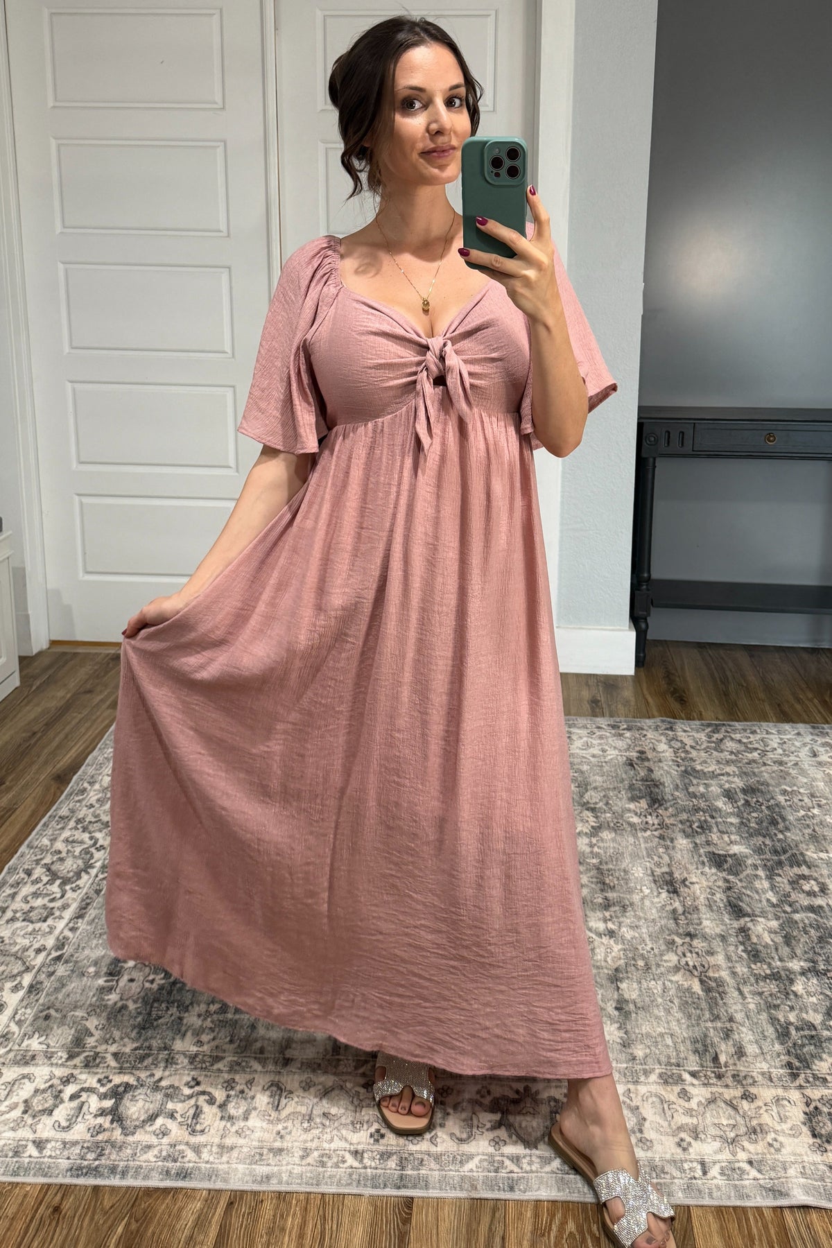 Mauve Front Tie Ruffle Sleeve Maternity Midi Dress by PinkBlush (view 10 of 11)