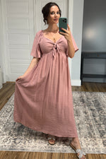 Mauve Front Tie Ruffle Sleeve Maternity Midi Dress by PinkBlush (view 10 of 11)