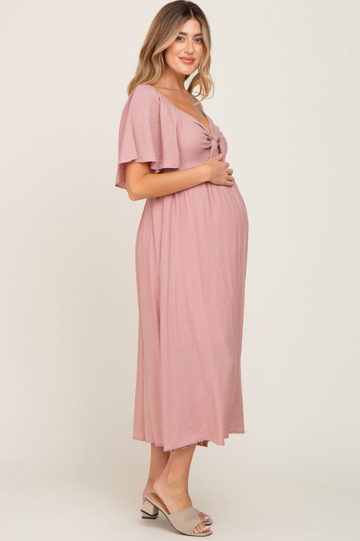 Mauve Front Tie Ruffle Sleeve Maternity Midi Dress by PinkBlush (view 2 of 11)