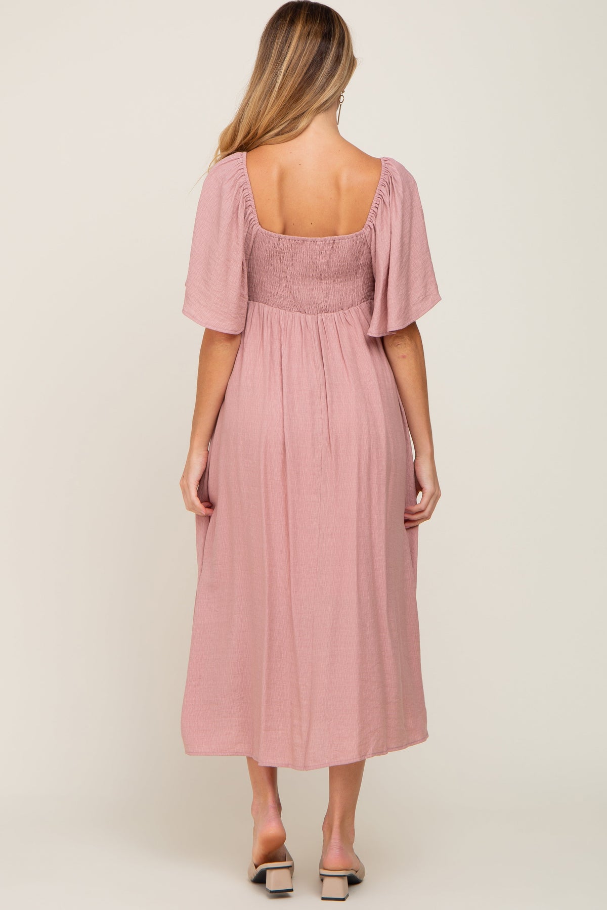 Mauve Front Tie Ruffle Sleeve Maternity Midi Dress by PinkBlush (view 3 of 11)