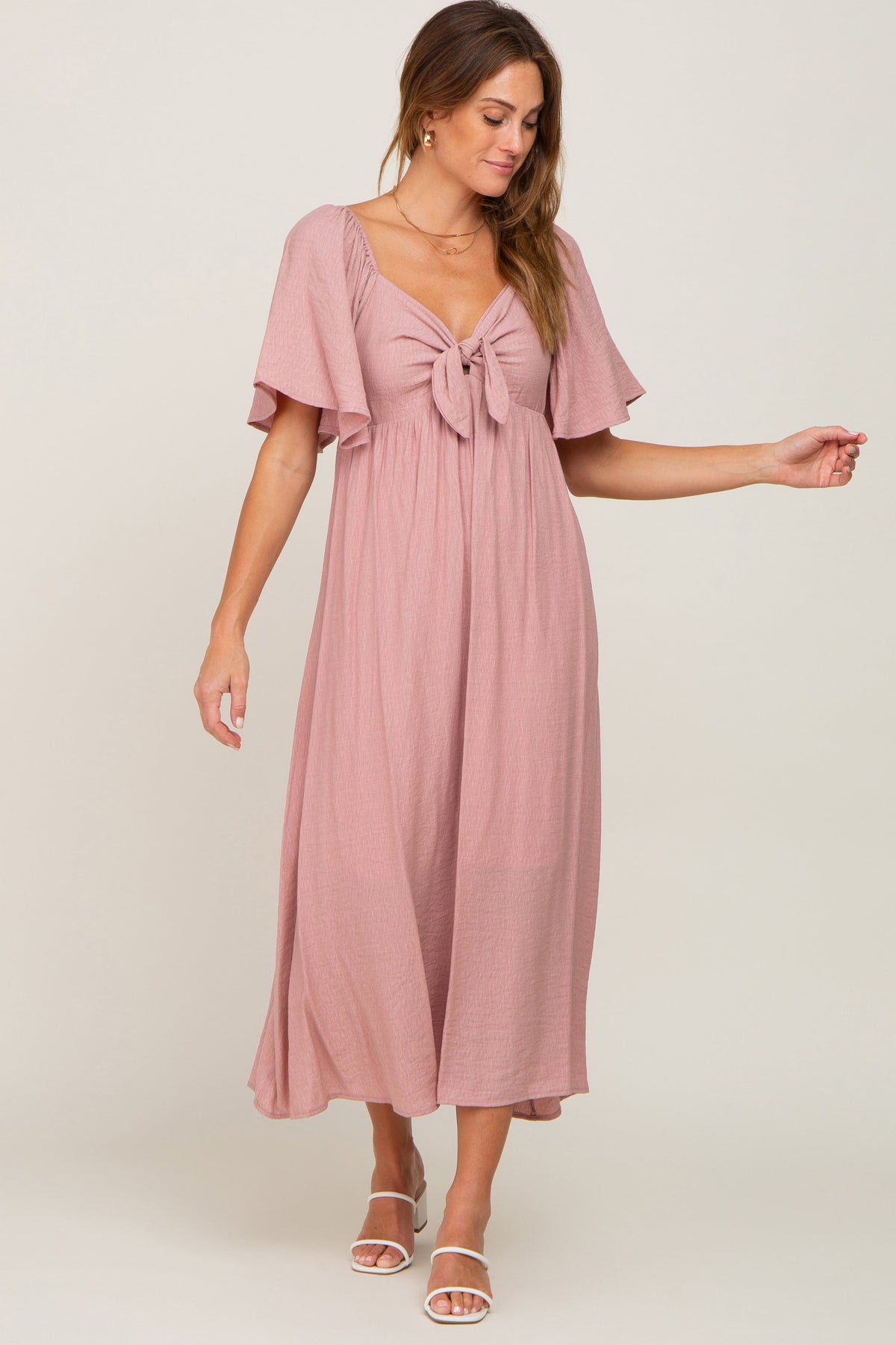 Mauve Front Tie Ruffle Sleeve Maternity Midi Dress by PinkBlush (view 11 of 11)